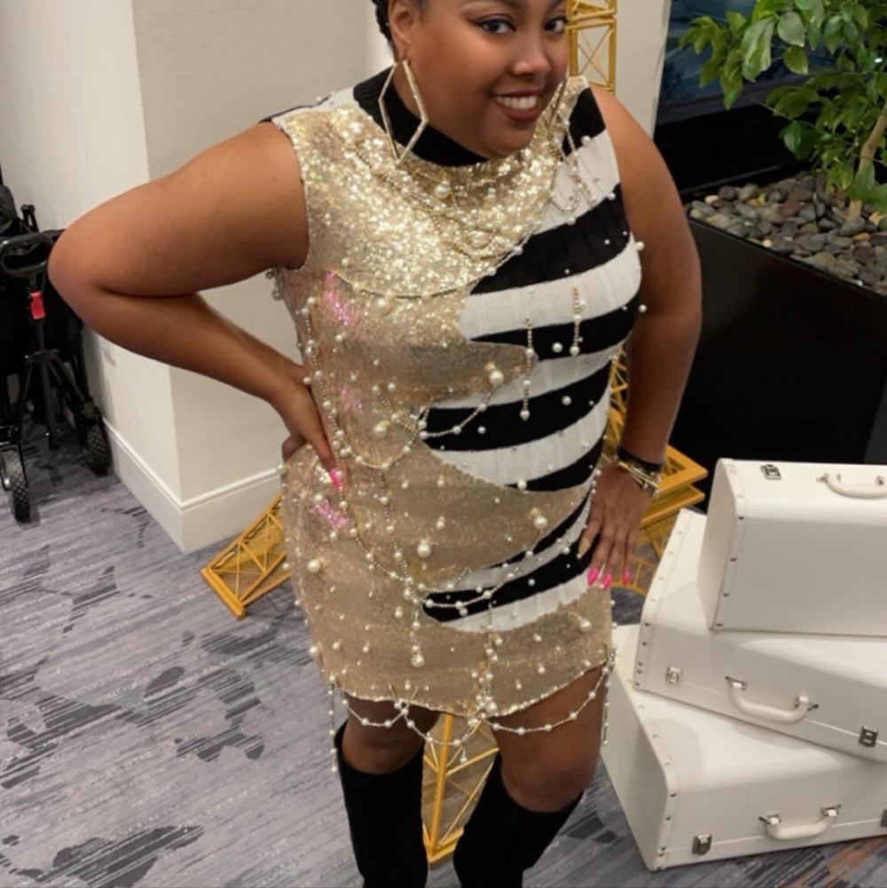 AKIRA Sequined Black & White Stripe Mini Dress with Gold Accents - Picture 2 of 2